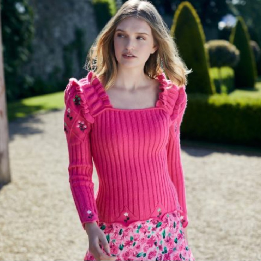 Hot Pink Floral Coquette Style Long Sleeve Neon Sweater, Size XXL